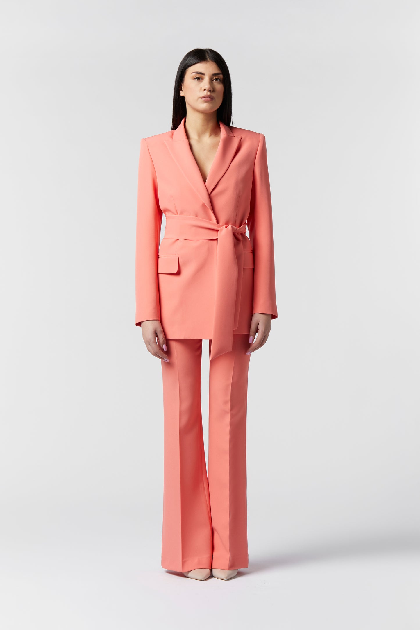 Tailleur giacca con cintura e Pantalone zampa - Tessuto Stretch