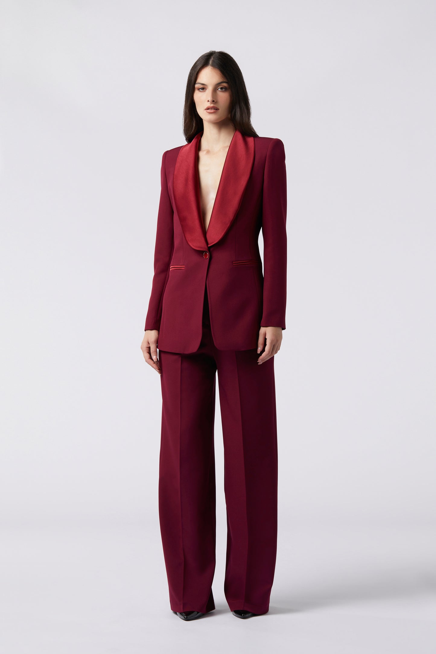 Tailleur Monopetto rever raso e Pantalone palazzo - Tessuto Stretch
