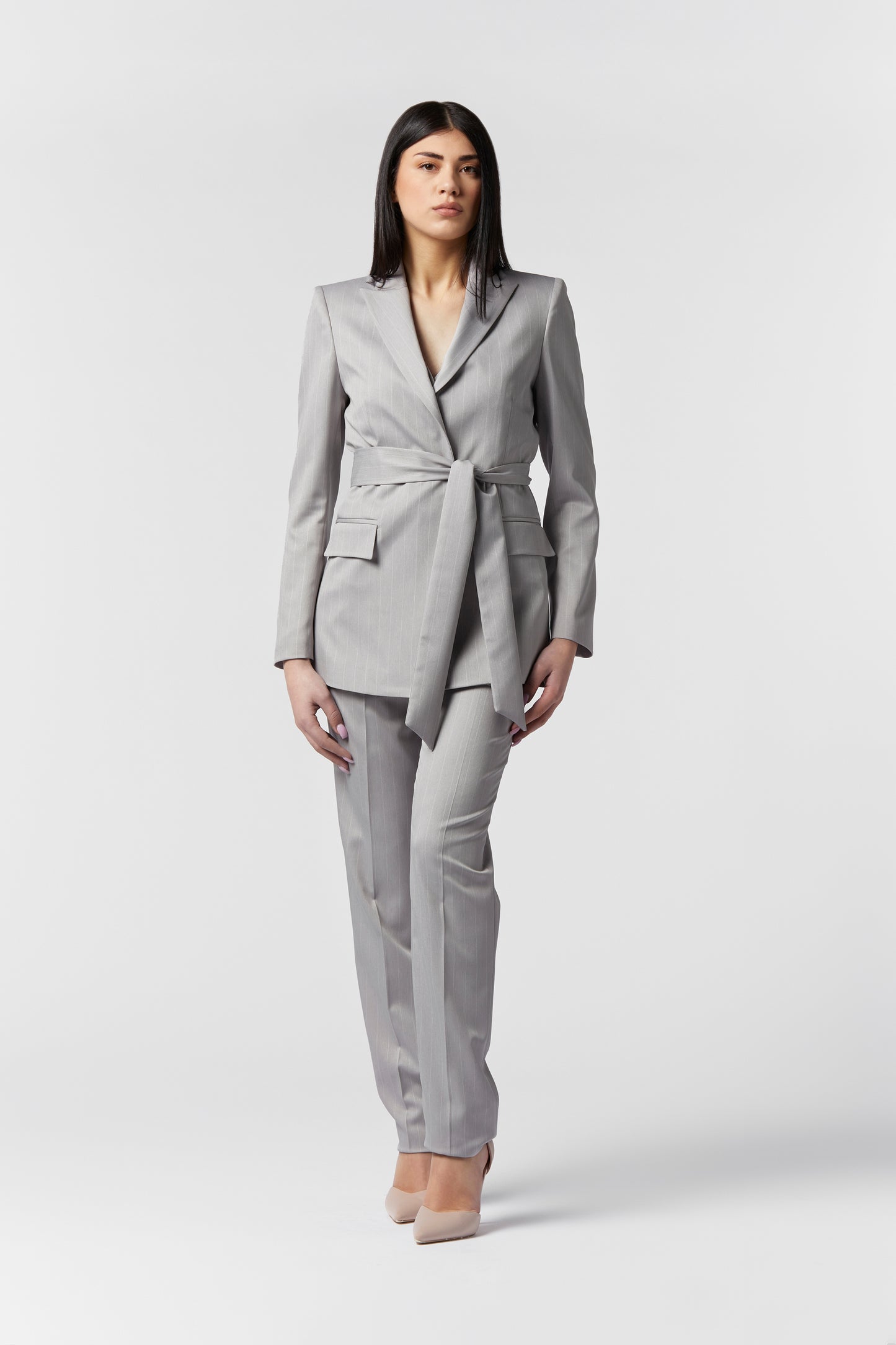 Tailleur Giacca con Cintura e Pantalone Gamba dritta - Gessato