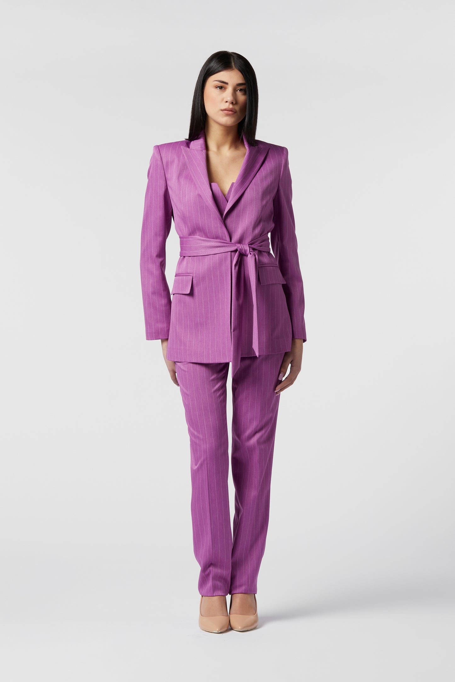 Tailleur Giacca con Cintura e Pantalone Gamba dritta - Gessato