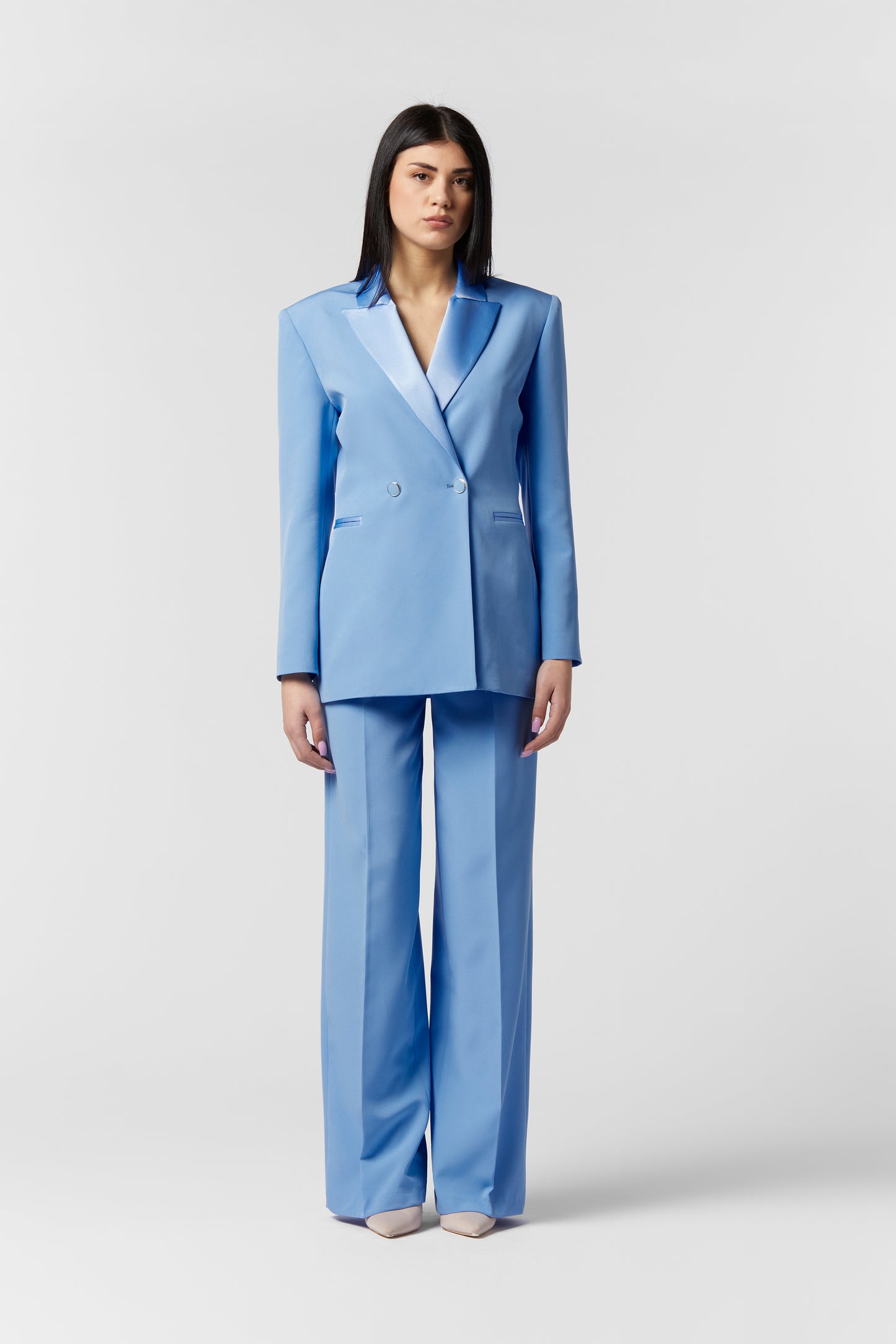 Tailleur Doppiopetto Rever raso e Pantalone Palazzo - Tessuto Stretch