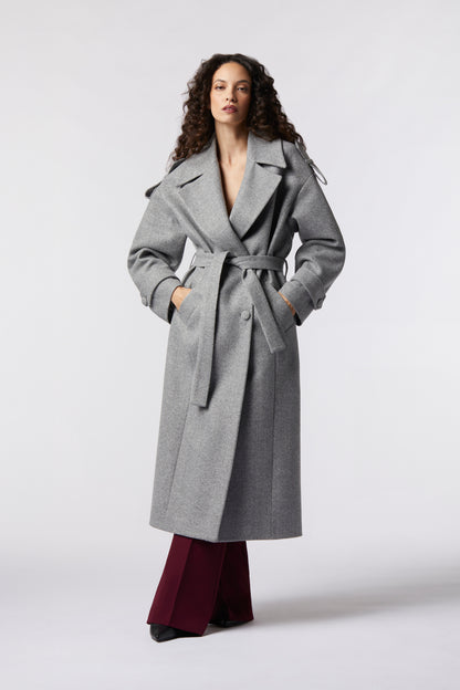 Cappotto doppiopetto con cintura in misto lana