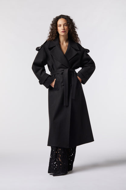 Cappotto doppiopetto con cintura in misto lana