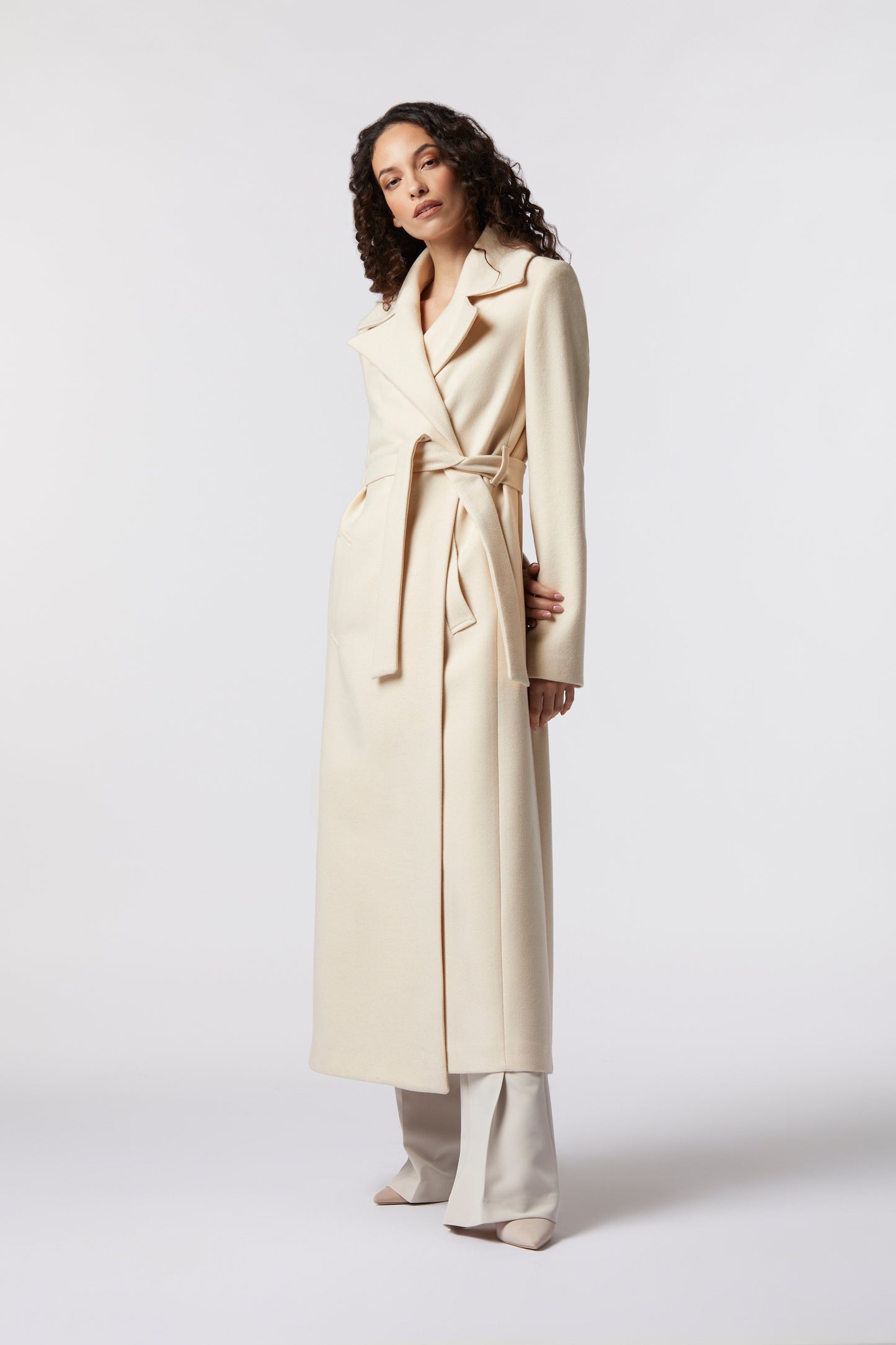 Cappotto lungo con cintura in misto lana