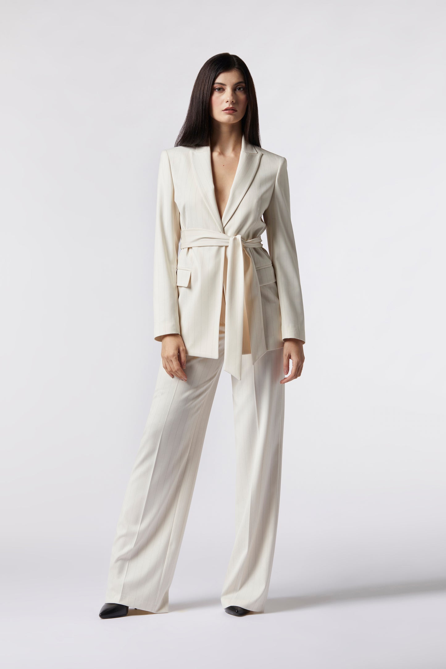 Tailleur Giacca con cintura e Pantalone palazzo – Gessato