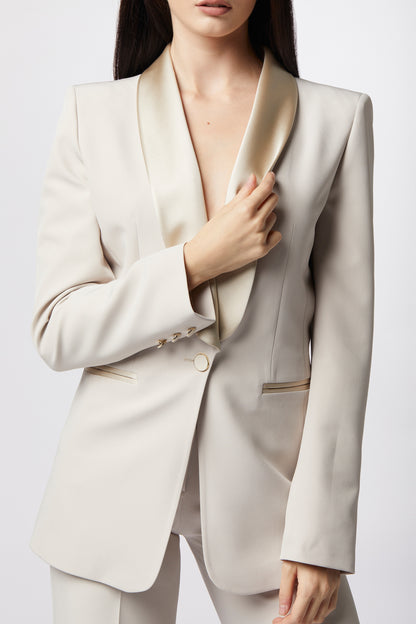 SS26 / Tailleur Giacca monopetto rever raso e Pantalone palazzo – Tessuto Stretch