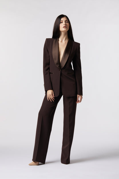 Tailleur Giacca monopetto rever raso e Pantalone palazzo – Tessuto Stretch