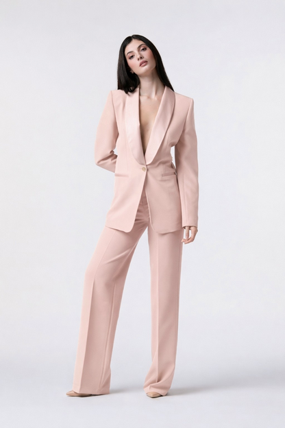 SS26 / Tailleur Giacca monopetto rever raso e Pantalone palazzo – Tessuto Stretch