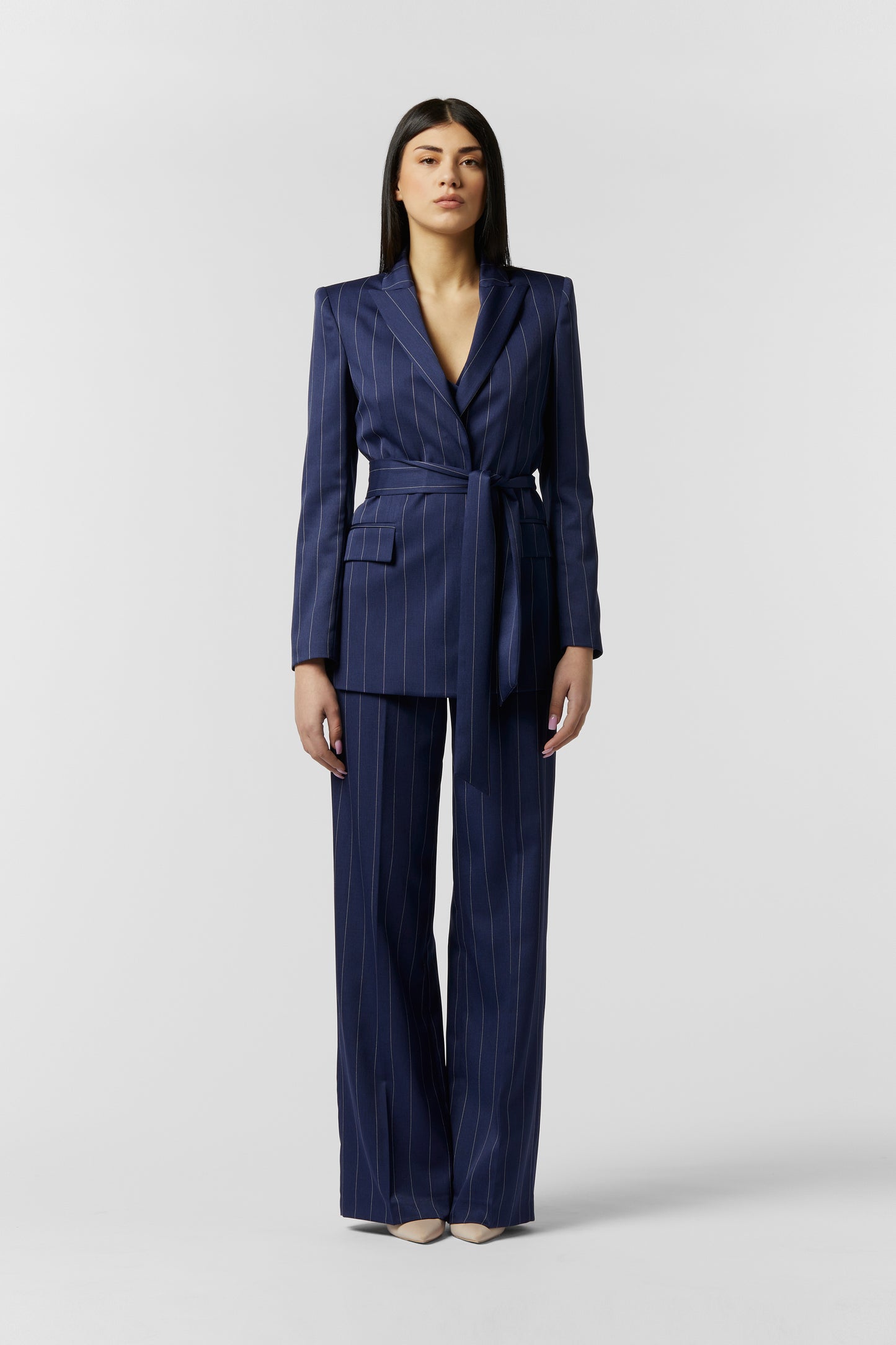 Tailleur Giacca con Cintura e Pantalona Palazzo - Gessato