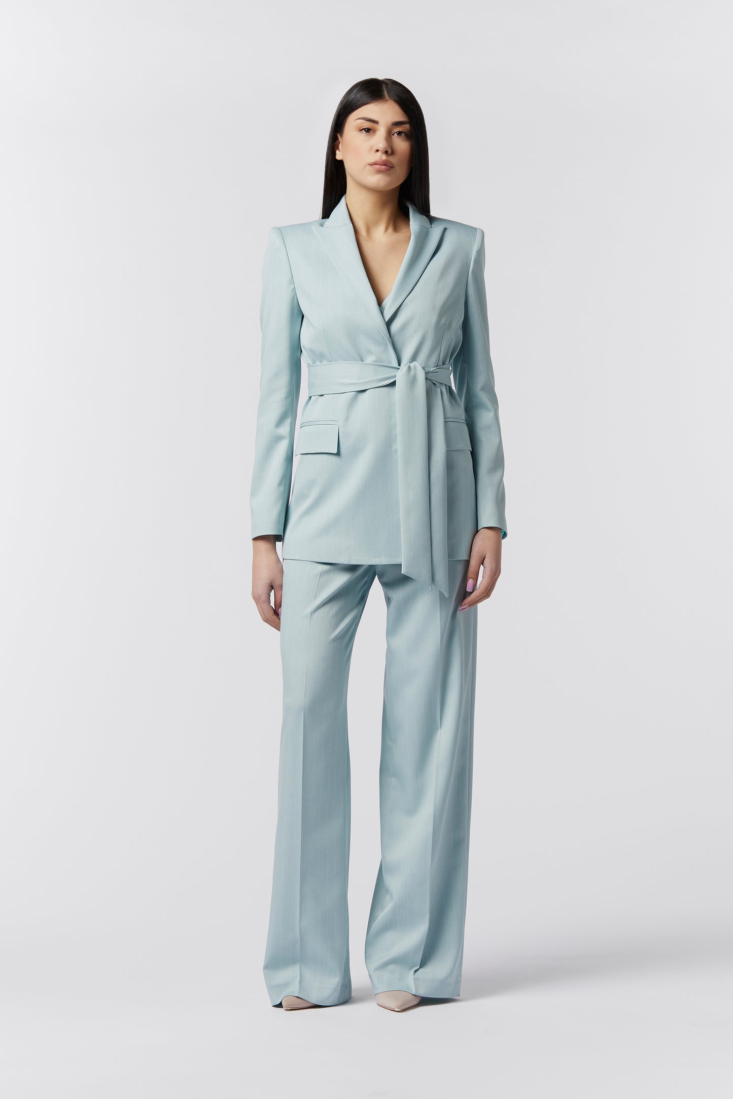 Tailleur Giacca con Cintura e Pantalona Palazzo - Gessato