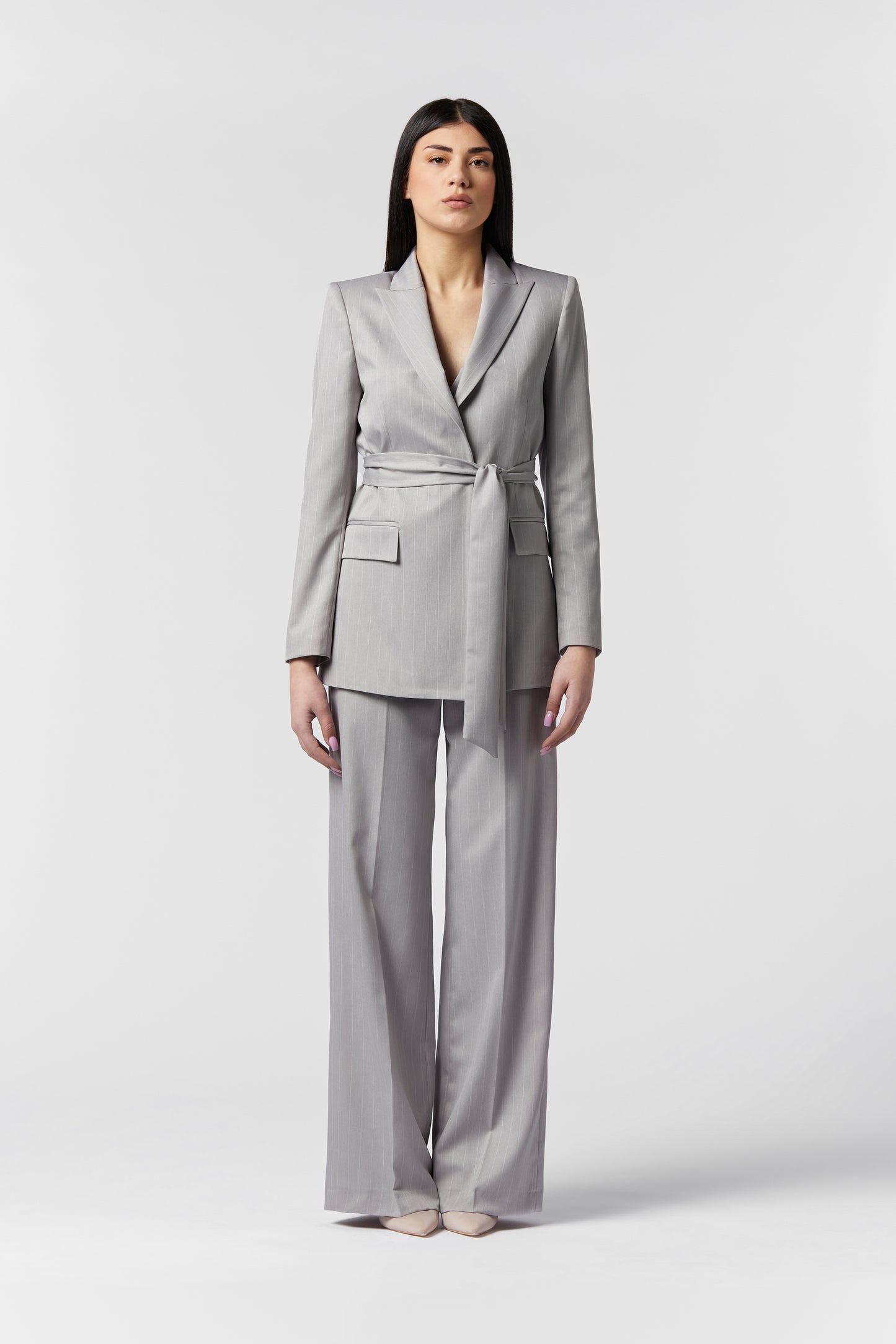 Tailleur Giacca con Cintura e Pantalona Palazzo - Gessato