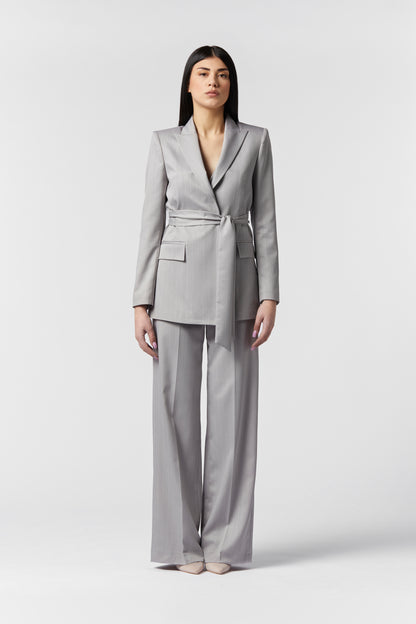 Tailleur Giacca con Cintura e Pantalona Palazzo - Gessato