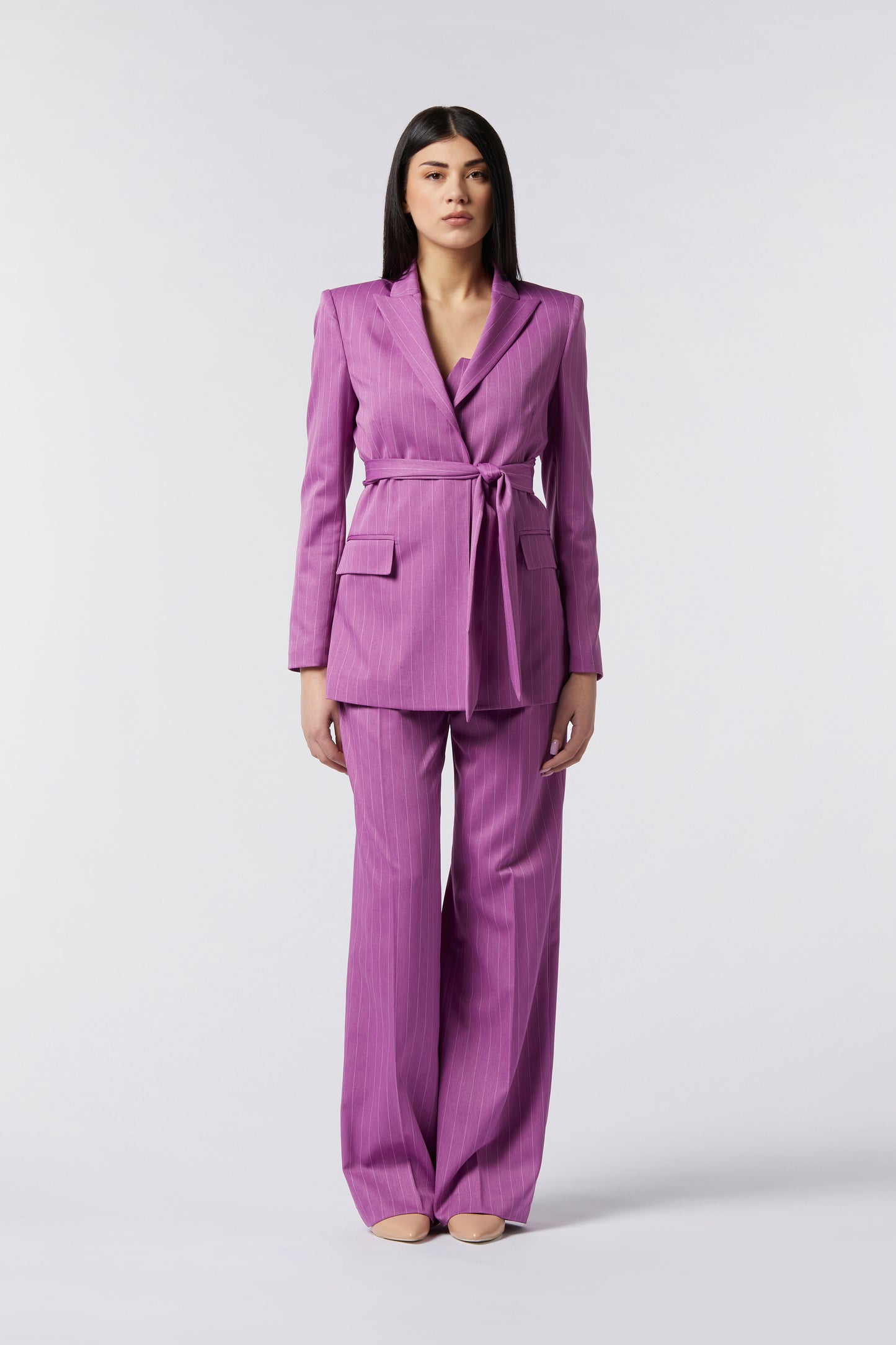Tailleur Giacca con Cintura e Pantalona Palazzo - Gessato