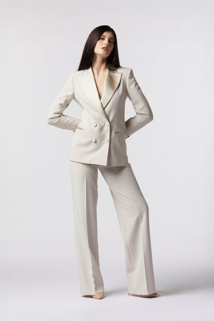 Tailleur Giacca doppiopetto rever raso e Pantalone palazzo – Tessuto Stretch