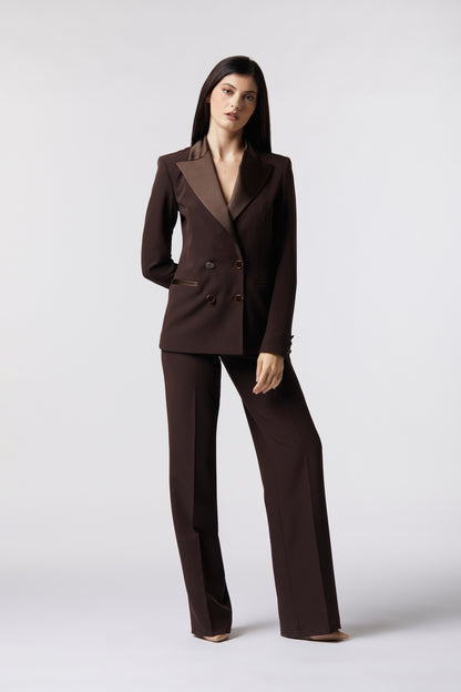 Tailleur Giacca doppiopetto rever raso e Pantalone palazzo – Tessuto Stretch