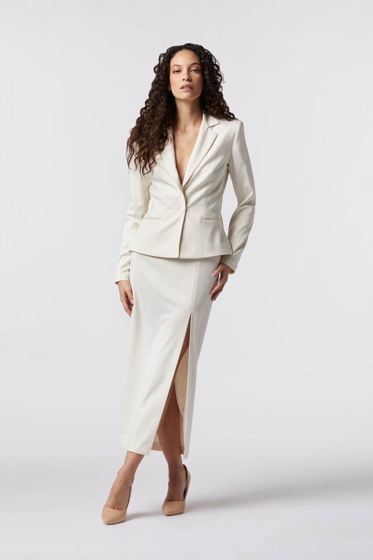 Tailleur Giacca monopetto e Gonna lunga – Gessato