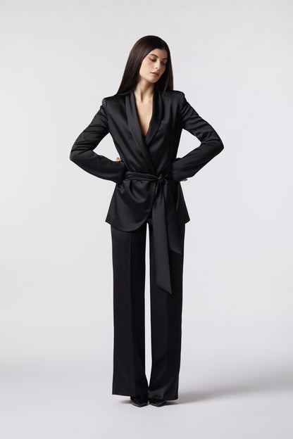Tailleur Giacca con cintura e Pantalone palazzo – Tessuto Raso