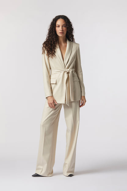 Tailleur Giacca con cintura e Pantalone palazzo – Gessato Lurex