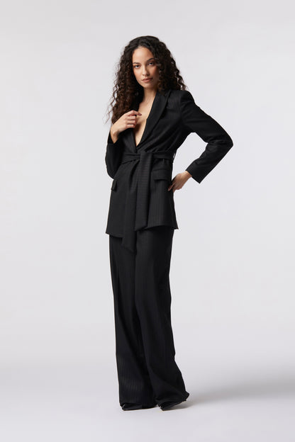 Tailleur Giacca con cintura e Pantalone palazzo – Gessato Lurex